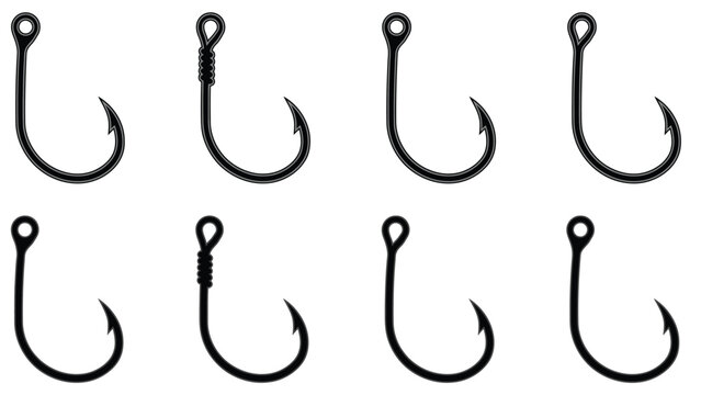 Fishing hook vector icon set featuring sharp barbed metallic hooks for angler sport activity water equipment and fishing gear illustrations