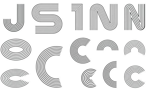 Retro striped letter and arch vector set featuring multiline parallel stroke typography and geometric shapes for vintage logo branding design