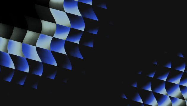 Wavy digital checkered pattern with glowing blue and white elements illustrating abstract network grids, distorted data and modern cyber concepts
