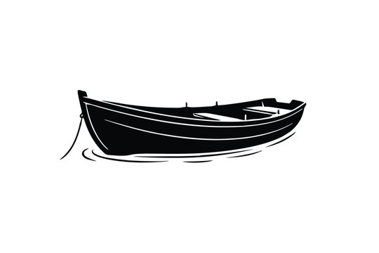 Black Silhouette Of A Small Rowboat On Water Waves