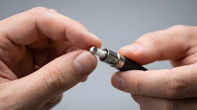 Person holding a small silver and black audio jack connector.