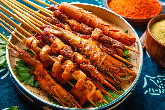 Zibo Night Market Grilled Seafood Skewers with Flame-Cooked Prawns and Gourmet BBQ Spices