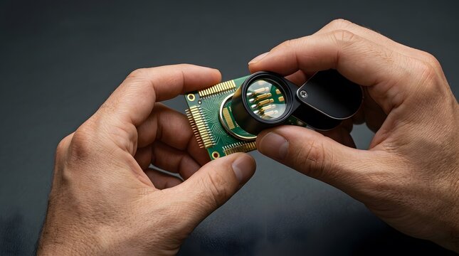 Technician holding a small camera module and lens component.