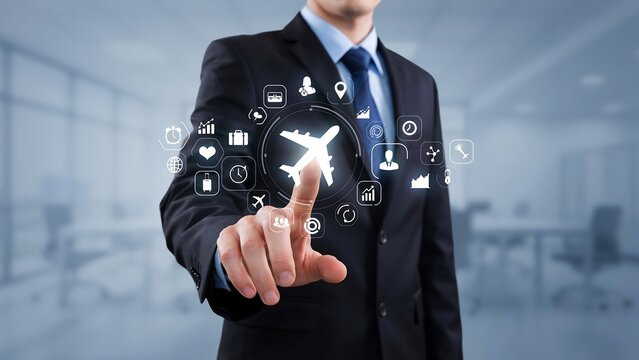 Businessman in dark suit touching a glowing airplane on a digital travel interface screen
