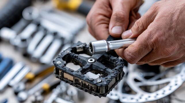 Close-up of a person's hands assembling a bicycle pedal with various tools laid out on a surface in the background