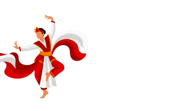 A minimalist vector illustration of a male dancer performing traditional Indonesian choreography while wearing red-and-white national attire, with empty space left on the right side.