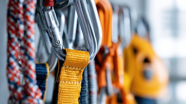 Close-up shot of climbing carabiners and ropes, highlighting their robust design and preparedness for adventure