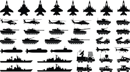 Military vehicles silhouette vector collection with army tanks fighter jets navy ships and helicopters isolated on white background © VactorZone