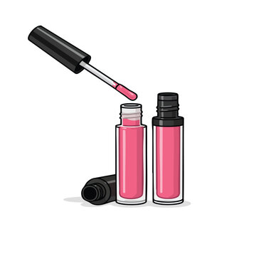 Minimalist beauty illustration of two pink lip gloss containers, one open with applicator wand and one closed, clean white background