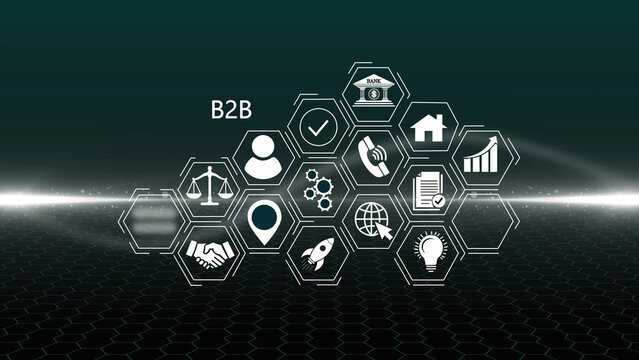Digital interface featuring a b2 b label surrounded by a cluster of white hexagonal business on a dark background, with a glowing, horizontal light streak, and a subtle, honeycomb floor pattern