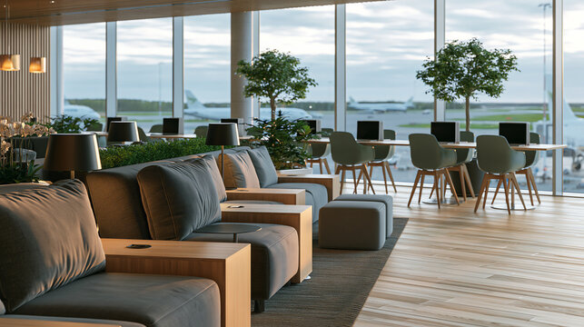 Empty Airport Lounge with Runway and Airplane View