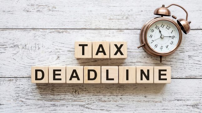 Tax Deadline Concept with Wooden Blocks and Vintage Alarm Clock on Wooden Background
