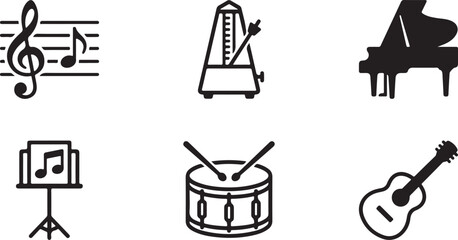 Six black musical instruments and notes icon set Vector © mahafuza