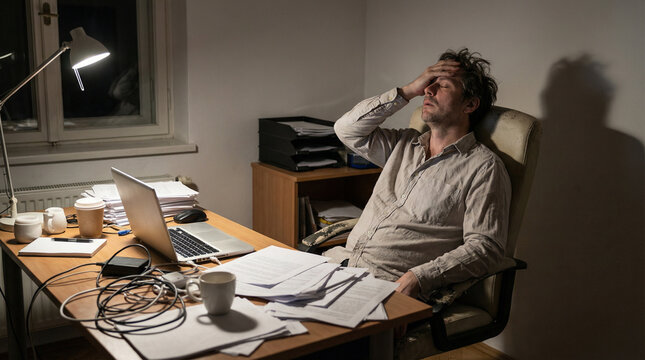 A man experiences severe work-related stress and exhaustion late at night in his home office, surrounded by paperwork and the weight of deadlines, reflecting the pressure of modern demands