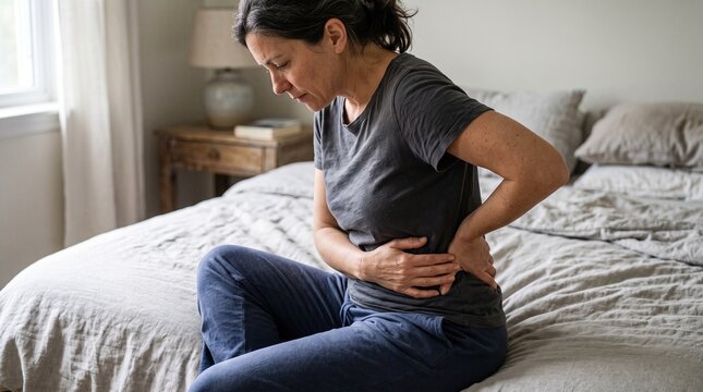 Woman sitting on bed feeling pain in her lower back and side at home
