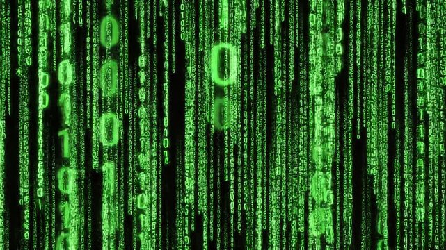 Digital Green Binary Code Raining Down on Black Background in a Continuous Loop