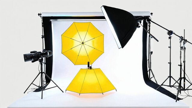 Professional photography studio lighting equipment setup with yellow umbrellas

