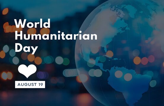 World Humanitarian Day background with globe and heart bokeh lights