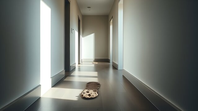 A clear muddy footprint on a clean, empty hallway wall with dramatic light.