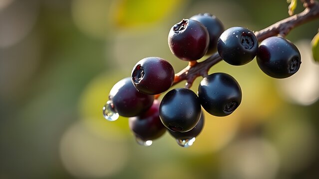 A branch with deep purple berries glistening with morning dew, macro detail.