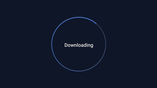 Animated flat vector motion graphic featuring a circular download progress indicator with status text on a dark background. Ideal for file downloads, cloud services, dashboards, and user interface con
