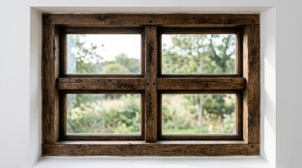 Fototapeta premium Rustic wooden window frame with nature view architecture building