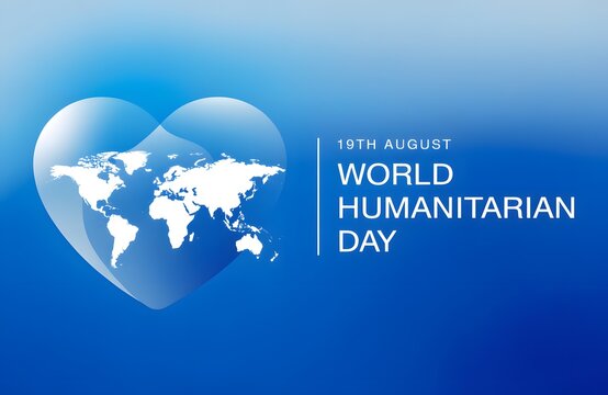 World Humanitarian Day banner with heart and world map on blue gradient