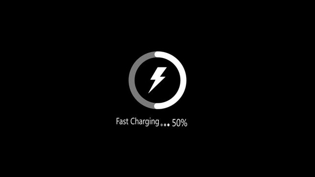 color battery charging power icon animation on black background.