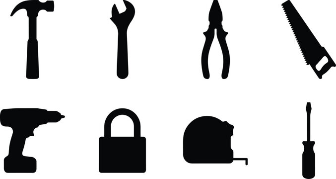 Construction and Work Hand Tools Vector Silhouettes Set Including Hammer Wrench Pliers Saw Drill Padlock Tape Measure and Screwdriver
