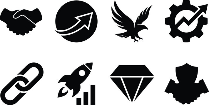 Business and Success Vector Icon Set Featuring Handshake Globe Arrow Eagle Gear Rocket Diamond and Shield Symbols