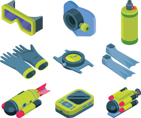 Isometric Diving Equipment Icons Set for Underwater Exploration and Scuba Activities © fajar