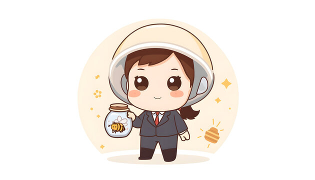 Cute Chibi Business Character Calmly Holding Risk Jar in Beekeeper Suit, Manageable Risk Handling Concept