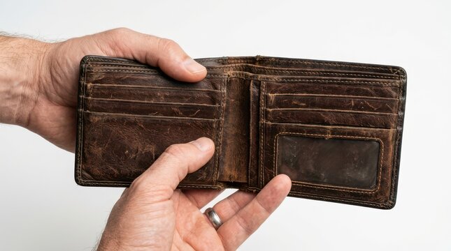 Hands holding an empty worn brown leather wallet against white