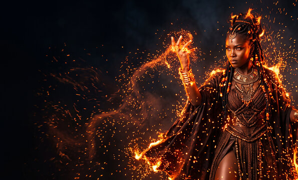 African fire sorceress conjuring flames with staff in dark night
