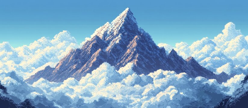 Pixel Art. Mountain. Cloudy Sky.