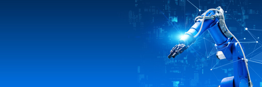 Industrial robots and communication networks. Factories, manufacturing, DX, industry, FA, physical AI, the future, machinery, automation.