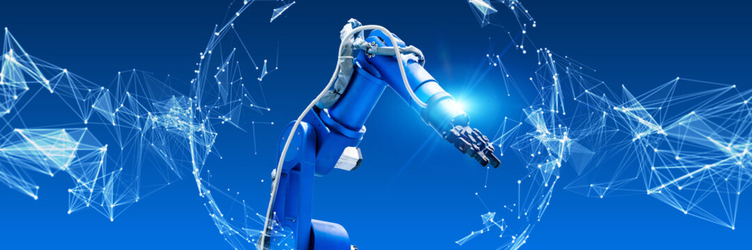 産業ロボットと通信ネットワーク。工場、製造業、DX、工業、FA、フィジカルAI、未来、機械、自動化