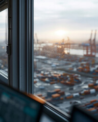 Fototapeta premium Window frames reveal a bustling port at dawn. Sunlight glows behind distant cranes and cargo containers. Raindrops streak the glass, softening the city's grit. Office screens blur in the foreground