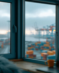 Fototapeta premium Rain taps windowpane softly. Blue frame holds quiet contemplation. Outside, cranes stand tall over shipping containers. Sunlight fades behind clouds. Cozy interior holds a warm coffee cup