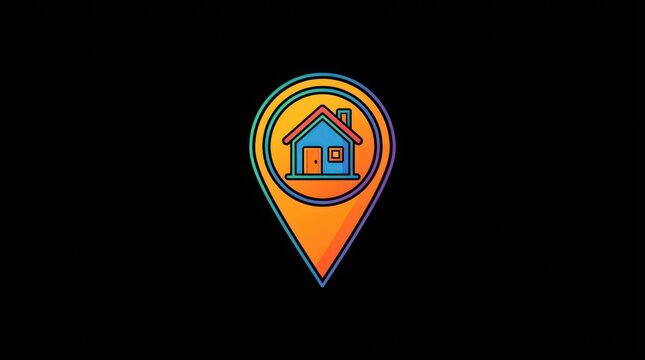 Minimalist home location pin icon isolated on black background for real estate navigation.