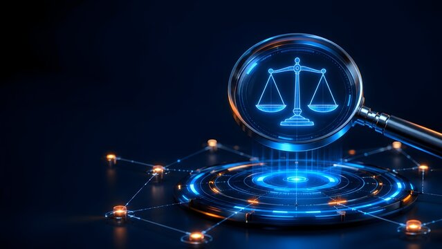 Futuristic magnifying glass projecting glowing blue scales of justice over digital network representing cyber law and online legal security