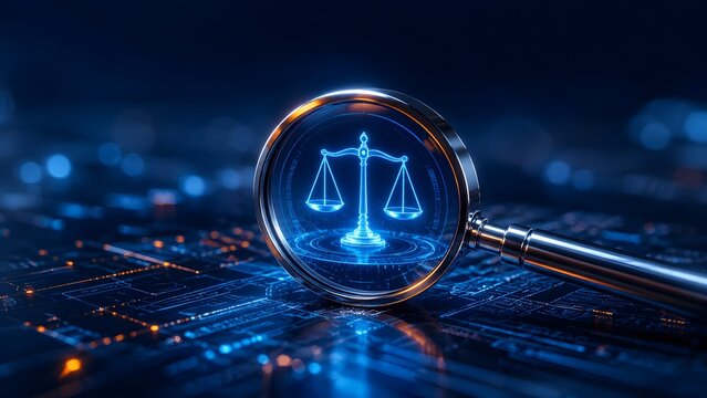 Magnifying glass with glowing blue scales of justice resting on computer circuit board representing cybercrime investigation and legal technology
