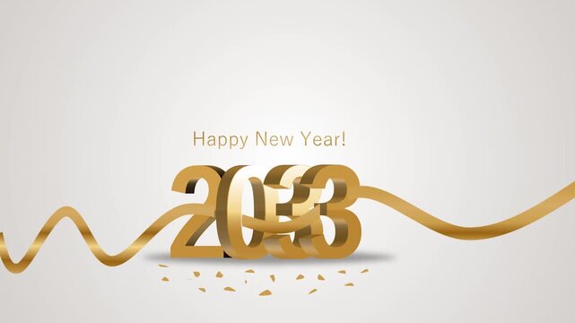 3D gold text Happy New Year 2033 with elegant ribbon and confetti on a clean light background, perfect for festive holiday greeting cards, social media posts, and celebration invitations.