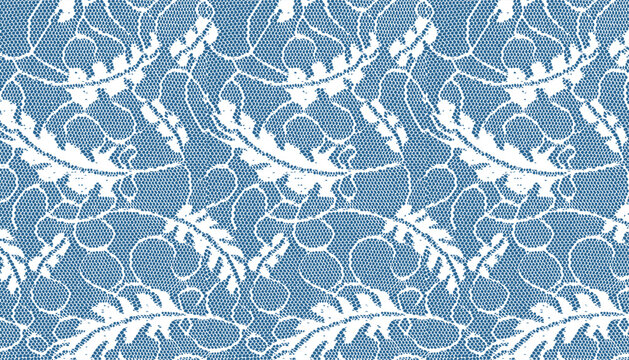 White lace fabric adorned with delicate feather and leaf elements.