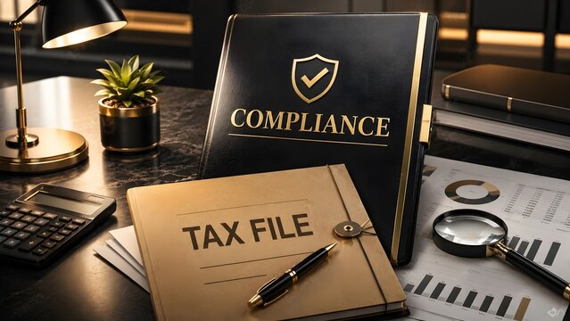 Black compliance binder and tax file folder on office desk with magnifying glass and financial documents representing corporate accounting and legal regulation