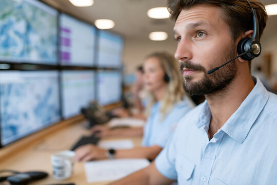 Focused man wears headset at control desk. Team works behind him on multiple screens. Calm concentration fills the tech-filled room. Ideal for customer service, IT, or operations teams