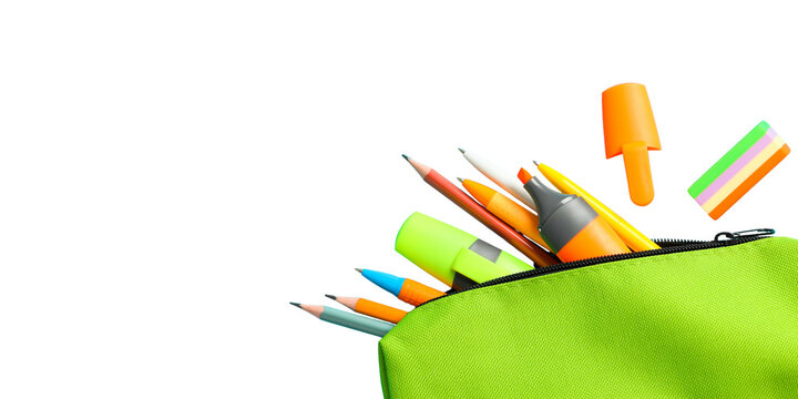 School supplies, Colorful school supplies fill a vibrant backpack, showcasing creativity, PNG