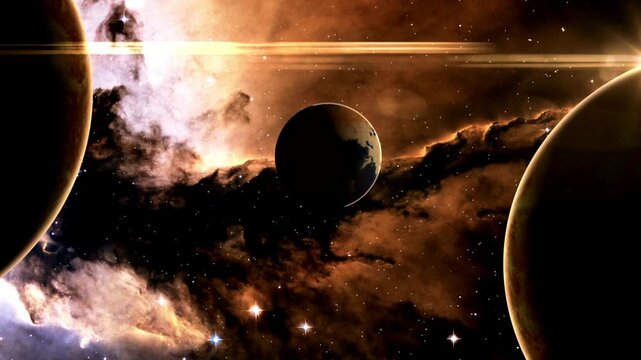 Habitable exoplanet earth like planet in outer space with blue atmosphere and clouds in 4K Ultra HD footage.
