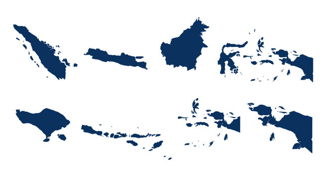 Modern blue vector map illustration of the Indonesian archipelago, depicting its diverse islands separated for clear geographical representation and national identity