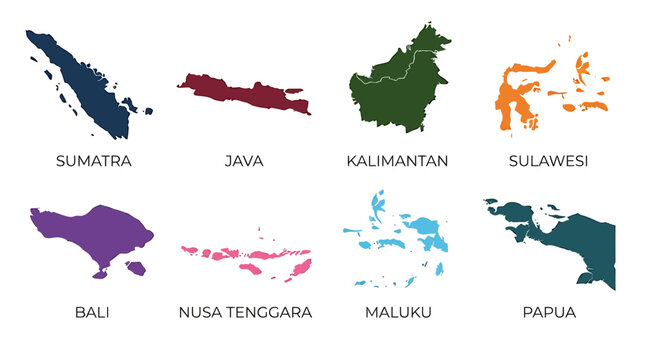 Detailed vector map set showcasing various regions and main islands of Indonesia with individual color coding for accurate geographic representation